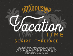 Vacation Time. Script typeface. Malibu. Summer Time. Waikiki beach. Vector illustration. Retro typeface and logo. Summer style.
