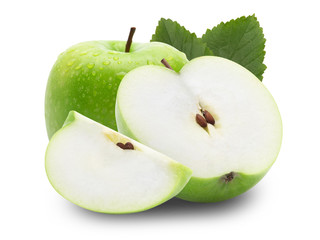 Ripe whole green apple with half and leaf isolated on white background with clipping path.