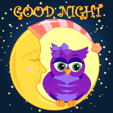 Good night. Card with cute sleeping owl. illustration.