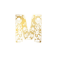 Golden Floral Ornamental Alphabet, Initial Letter M Font. Vector Typography Symbol for Gold Wedding and Monograms Isolated Ornament Design