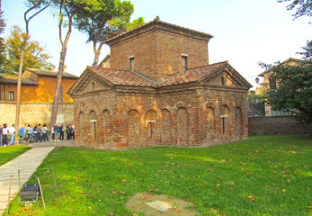 Fototapeta na wymiar RAVENNA, ITALY - NOVEMBER 21, 2012 The Mausoleum of Galla Placida in Ravenna, Italy. Small chapel with colorful Byzantine mosaics - one of the UNESCO world heritage site.
