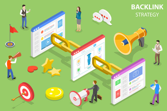 Isometric flat vector concept of backlink strategy, SEO link building, digital marketing campaign.