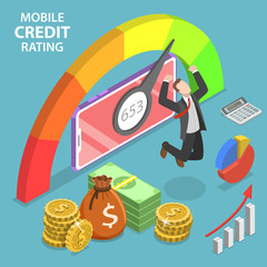 Isometric flat vector concept of mobile credit rating app, personal credit score, good index of credit history.