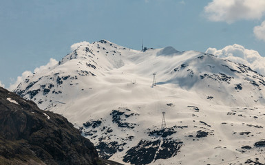 View of a panorama from the mountains in the Swiss Engadin in Grisons, Swiss Alps, Europe