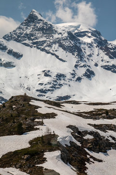 View of a panorama from the mountains in the Swiss Engadin in Grisons, Swiss Alps, Europe