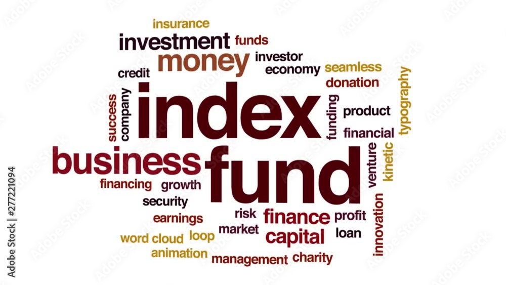 Poster Index fund animated word cloud. Kinetic typography.