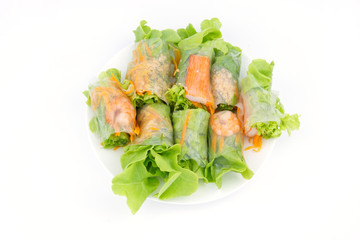 Delicious food top view green vegetable salad with Shrimp and crab on white background