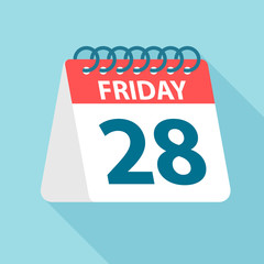 Friday 28 - Calendar Icon. Vector illustration of week day paper leaf. Calendar Template