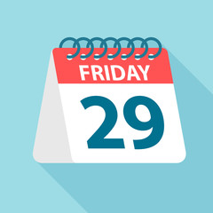 Friday 29 - Calendar Icon. Vector illustration of week day paper leaf. Calendar Template
