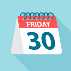 Friday 30 - Calendar Icon. Vector illustration of week day paper leaf. Calendar Template