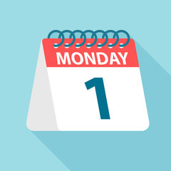 Monday 1 - Calendar Icon. Vector illustration of week day paper leaf. Calendar Template