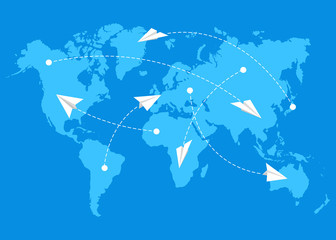 Paper planes flight. World map. Vector illustration.
