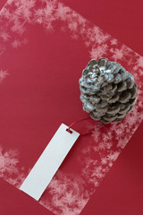 Winter decoration. Pine cone with label, on snowy red background