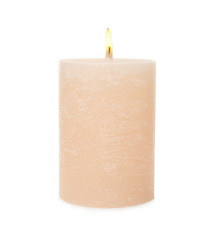 One alight wax candle on white background