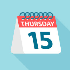 Thursday 15 - Calendar Icon. Vector illustration of week day paper leaf. Calendar Template