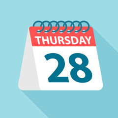 Fototapeta premium Thursday 28 - Calendar Icon. Vector illustration of week day paper leaf. Calendar Template