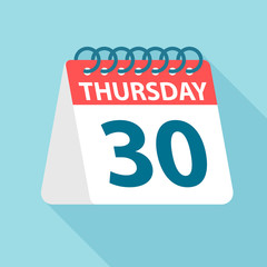 Thursday 30 - Calendar Icon. Vector illustration of week day paper leaf. Calendar Template
