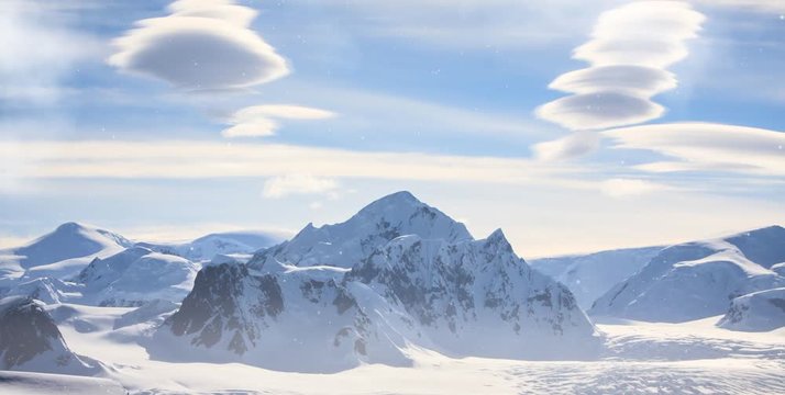 Epic Aerial View Mountain Peak in Snow. Cloudy Blue Sky. Inspirational Motivational Nature Background. Travel to South Pole, Antarctica. UHD 4K