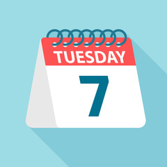Tuesday 7 - Calendar Icon. Vector illustration of week day paper leaf. Calendar Template