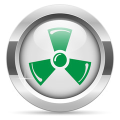 Radiation icon.White metal internet button. Glass with green icon, vector.