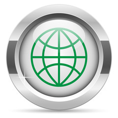 Planet icon.White metal internet button. Glass with green icon, vector.