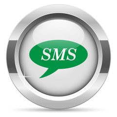 SMS icon.White metal internet button. Glass with green icon, vector.