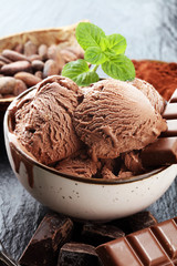 Chocolate coffee ice cream ball in a bowl. ice cream scoop