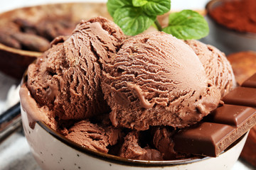 Chocolate coffee ice cream ball in a bowl. ice cream scoop