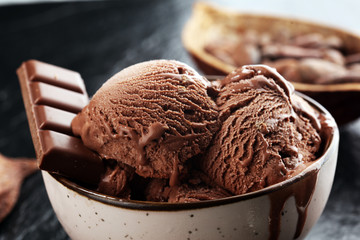 Chocolate coffee ice cream ball in a bowl. ice cream scoop