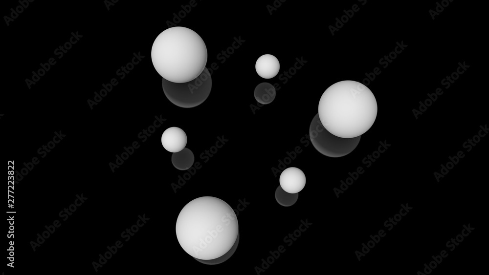Poster 3d illustration of milk drops, round shape, located above the black reflective surface in space in a