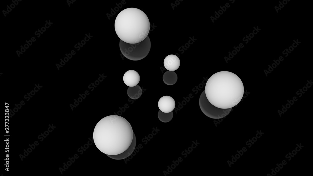 Poster 3d illustration of milk drops, round shape, located above the black reflective surface in space in a