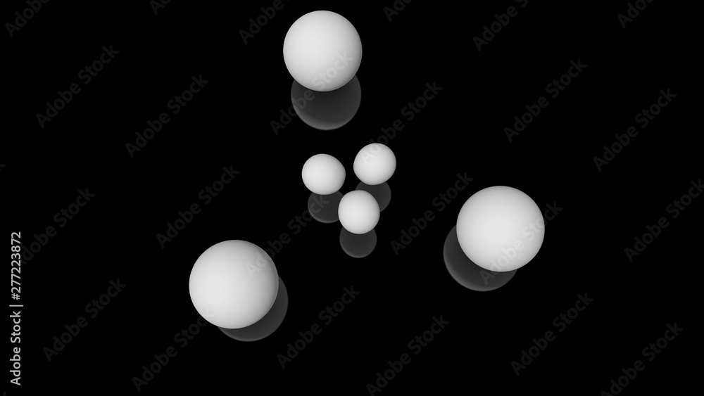 Poster 3d illustration of milk drops, round shape, located above the black reflective surface in space in a