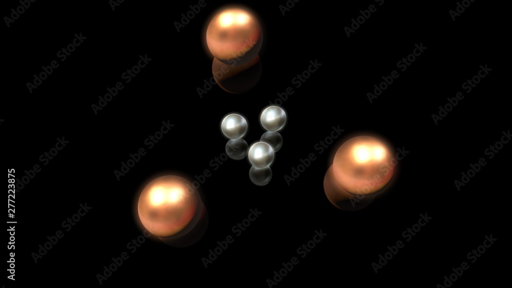 Poster 3d illustration of bronze and silver droplets, round shape, located above the black reflective surfa