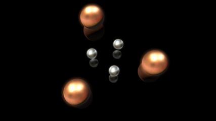 3D illustration of bronze and silver droplets, round shape, located above the black reflective surface in space in a strictly geometric structure. 3D rendering of objects, futuristic image