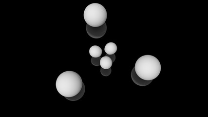 3D illustration of milk drops, round shape, located above the black reflective surface in space in a strictly geometric structure. 3D rendering of objects, futuristic background image