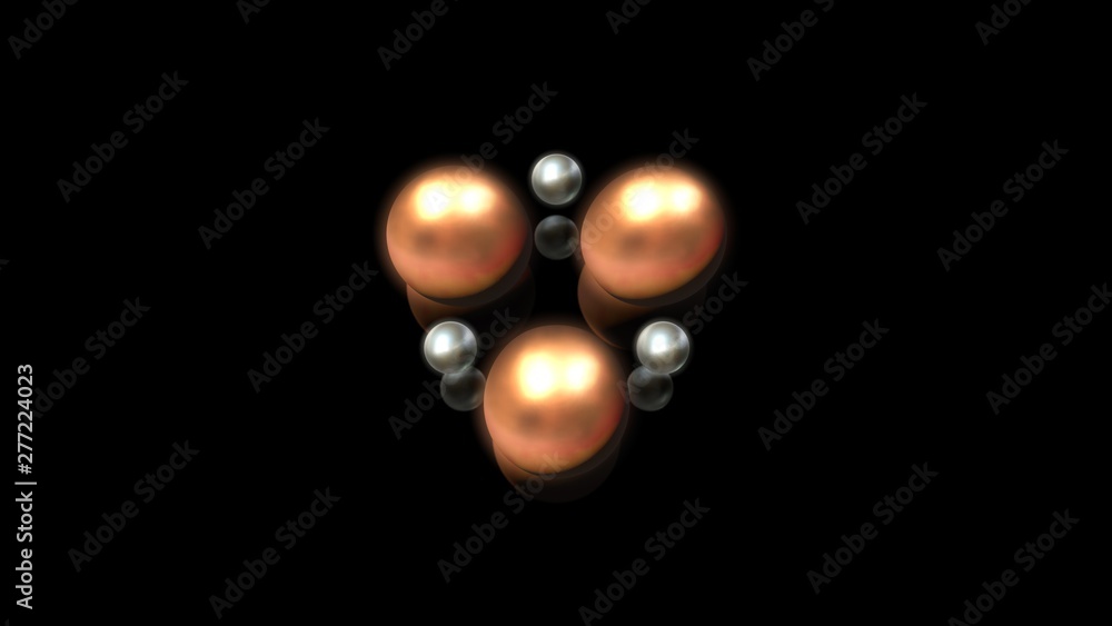 Poster 3d illustration of bronze and silver droplets, round shape, located above the black reflective surfa