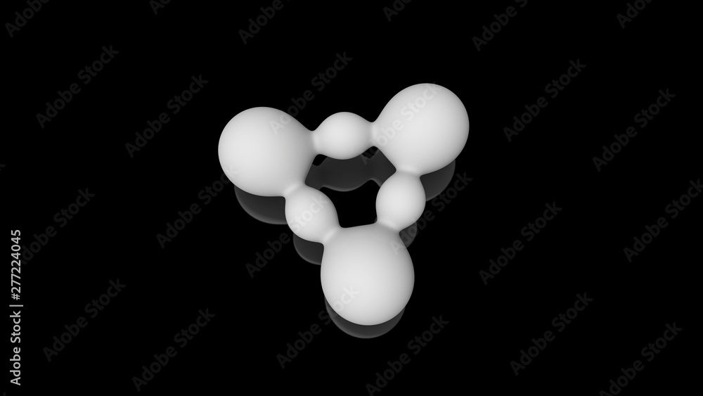 Poster 3d illustration of milk drops, round shape, located above the black reflective surface in space in a