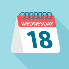 Wednesday 18 - Calendar Icon. Vector illustration of week day paper leaf. Calendar Template