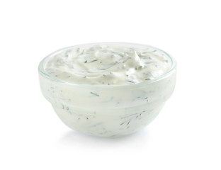 Delicious tartar sauce in bowl on white background