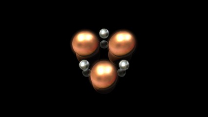 3D illustration of bronze and silver droplets, round shape, located above the black reflective surface in space in a strictly geometric structure. 3D rendering of objects, futuristic image