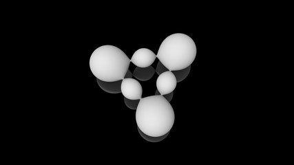 3D illustration of milk drops, round shape, located above the black reflective surface in space in a strictly geometric structure. 3D rendering of objects, futuristic background image