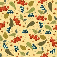 A flat style seamless pattern with berries and leaves. A cute ornament for your designs.
