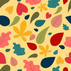 Obraz na płótnie Canvas A cute seamless pattern with autumn leaves. A flat cartoon style elements