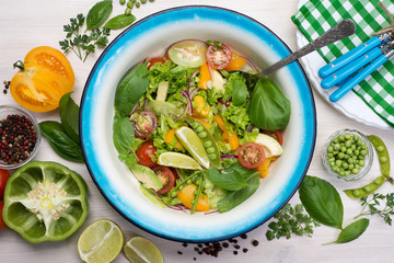 Healthy vegan dietary salad. Tomato, cucumber, avocado, purple onion, lettuce, basil leaves, seasoned with olive oil and lime juice. Summer menu.