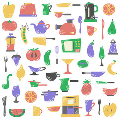 Set of cute isolated elements with fruits and vegetables, kitchen appliances.