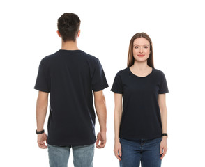 Young people in t-shirts on white background. Mock up for design
