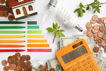 Flat lay composition with colorful chart and calculator on white background. Energy efficiency...