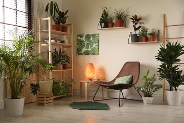 Foto op Canvas Stylish living room interior with home plants and lounge chair © New Africa
