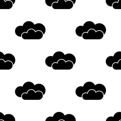 Seamless pattern with black silhouette of cloud on white background. Online storage server concept. Vector illustration for design, web, wrapping paper, fabric.