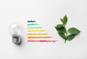 Flat lay composition with colorful bars, light bulb and leaves on white background. Energy...